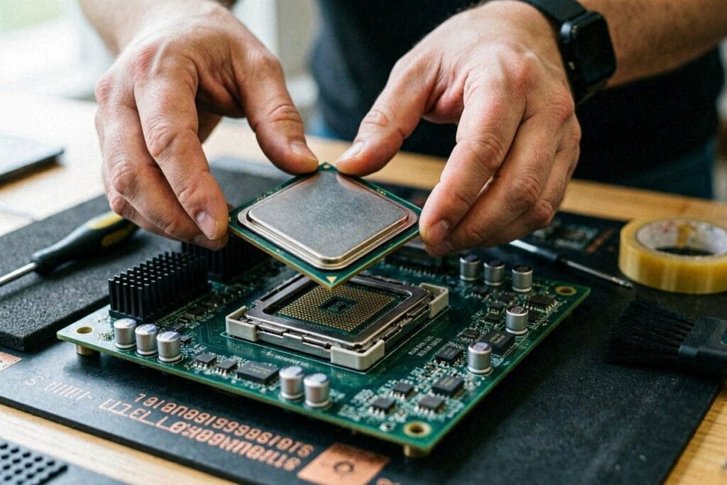 Installing the CPU into the motherboard socket. how to make a computer from scratch