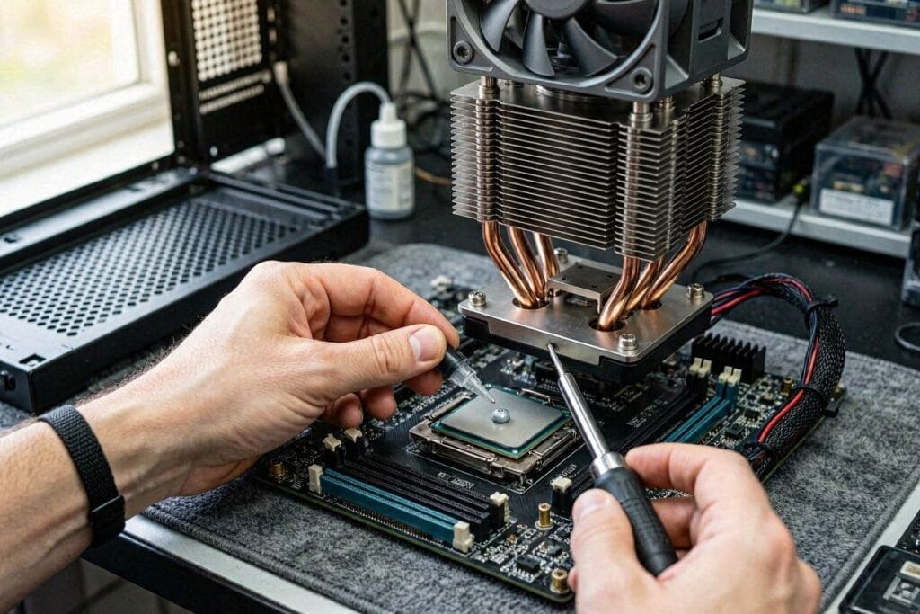 Mounting a CPU cooler with thermal paste. how to make a computer from scratch