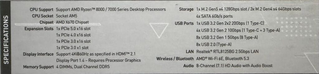 MSI X670E Gaming Plus WiFi motherboard specifications showing AM5 socket, DDR5 memory support, PCIe 5.0, Wi-Fi 6E, and Gen5 M.2 storage