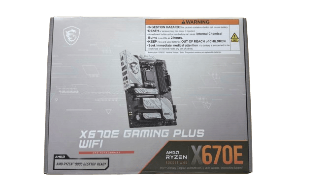 Front packaging of the MSI X670E Gaming Plus WiFi motherboard reviewed with my Ryzen 7 9800X3D gaming build