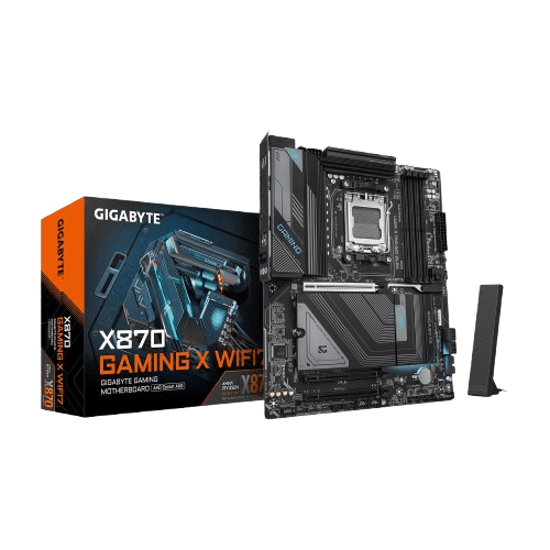 Gigabyte X870 Gaming X WiFi AM5 motherboard showing the motherboard and retail box for a high-end AMD gaming PC build