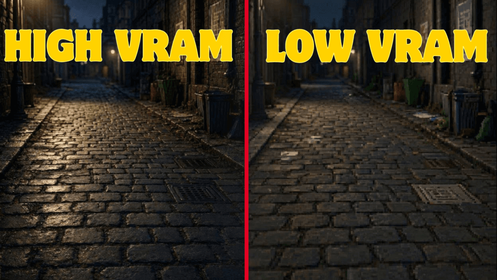 High VRAM vs low VRAM comparison showing sharper textures and image quality in modern games