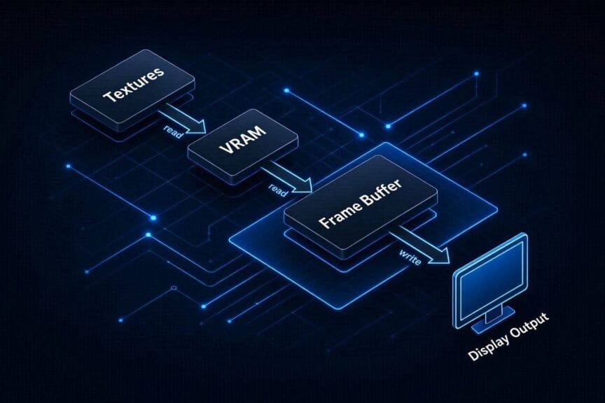 Diagram showing how VRAM stores textures and frame buffers before sending graphics to the display