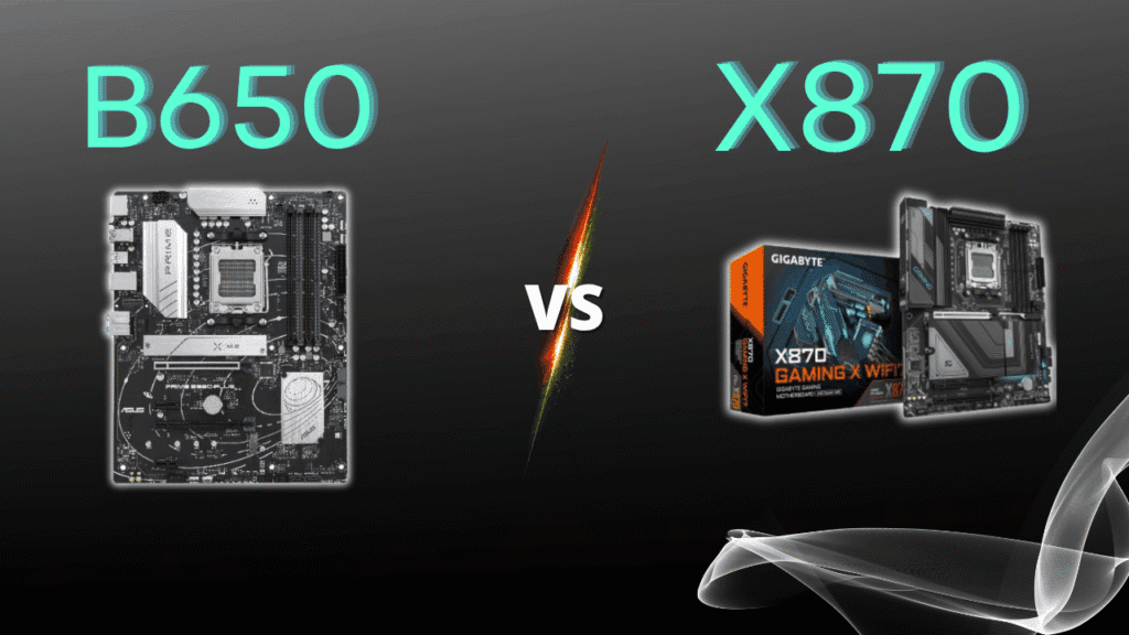 Side-by-side comparison of B650 and X870 AM5 motherboards highlighting chipset differences for gaming PC builders