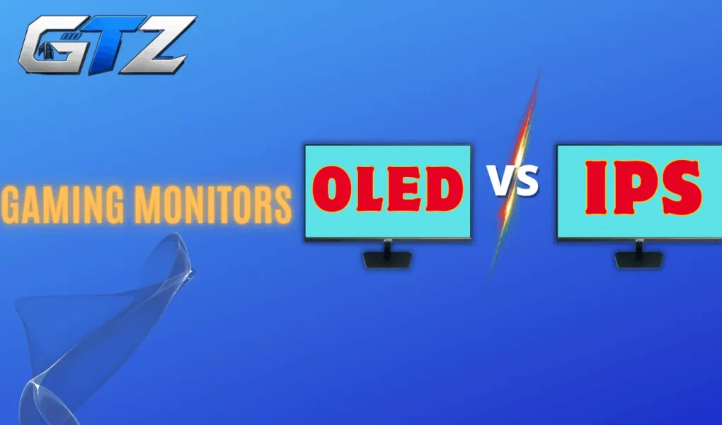 OLED vs IPS gaming monitor comparison graphic highlighting the differences between the two display technologies for gamers