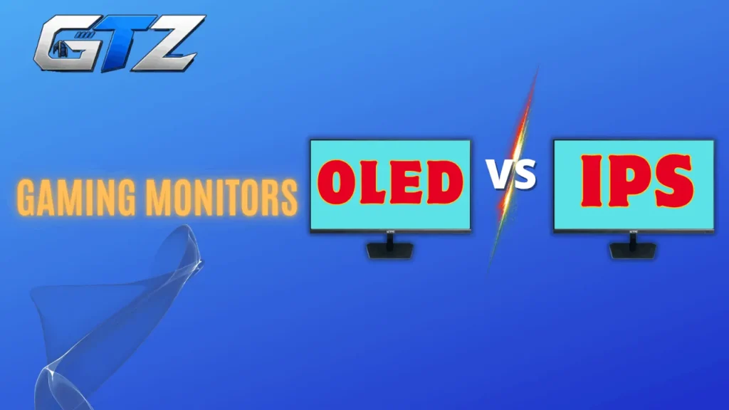 OLED vs IPS gaming monitor comparison graphic highlighting the differences between the two display technologies for gamers