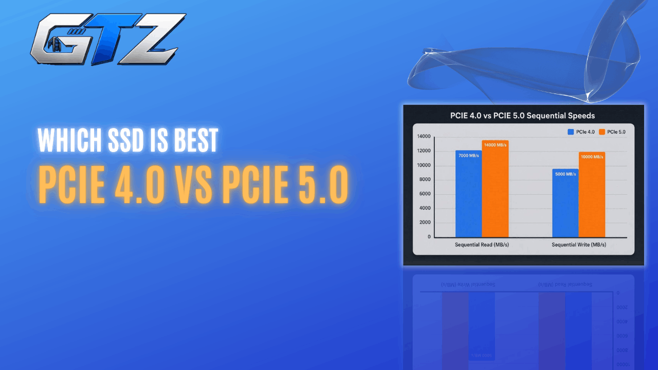 Comparison chart showing PCIe 4.0 and PCIe 5.0 SSD sequential read and write speeds used in my gaming PC comparison for gaming performance.