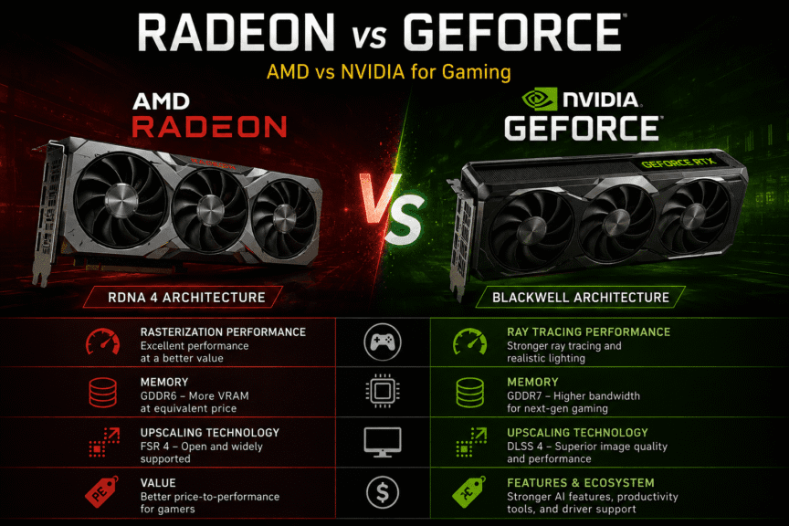 AMD Radeon vs NVIDIA GeForce gaming GPU comparison showing rasterization, ray tracing, VRAM, upscaling, and key gaming features.