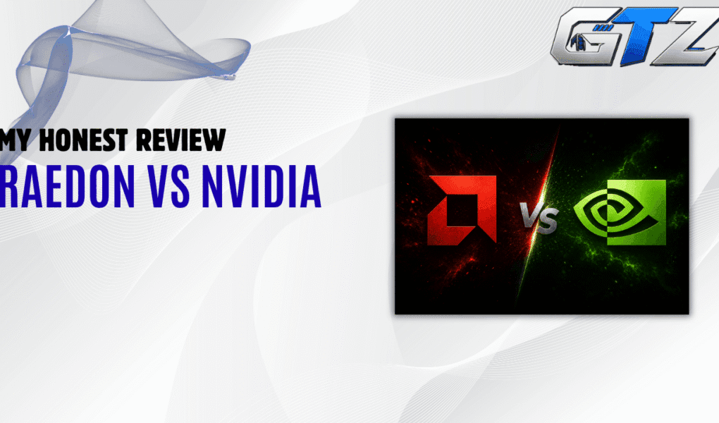 Gaming Tech Zone featured image comparing AMD Radeon and NVIDIA GeForce graphics cards for gaming performance, value, ray tracing, and GPU features.