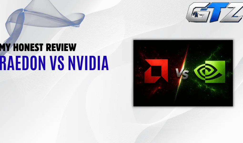 Gaming Tech Zone featured image comparing AMD Radeon and NVIDIA GeForce graphics cards for gaming performance, value, ray tracing, and GPU features.
