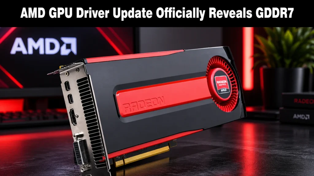 AMD’s GDDR7 Push Could Bring Bigger VRAM to Radeon GPUs AMD Radeon graphics card with red and black shroud sitting on a desk with an AMD monitor behind it.