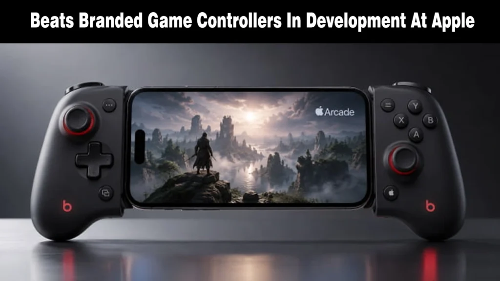 Black Beats-branded mobile game controller attached to an iPhone displaying an Apple Arcade game.