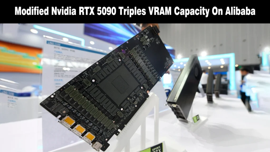 A modified Nvidia RTX 5090 graphics card PCB on display with visible memory chips.