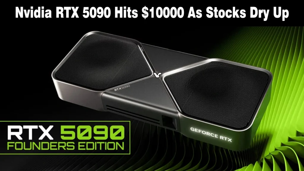 Nvidia GeForce RTX 5090 Founders Edition graphics card shown against a green textured background.