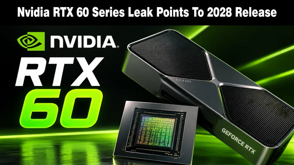 RTX 60 Delayed Until 2028, And There Is No Super Refresh Either Nvidia RTX 60 graphics card beside a GPU die on a dark background.