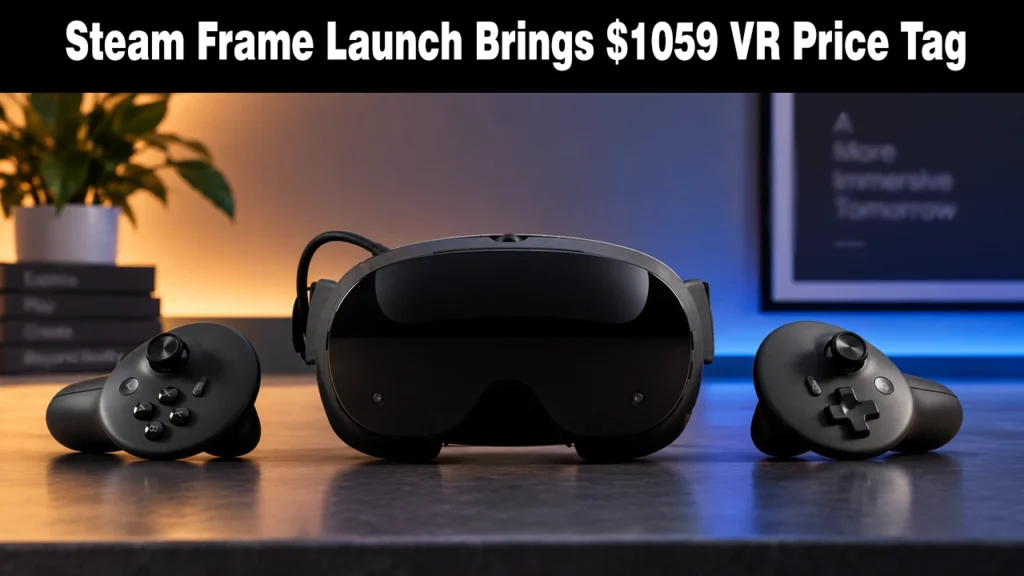 Black Steam Frame VR headset positioned with motion controllers on a desk setup.