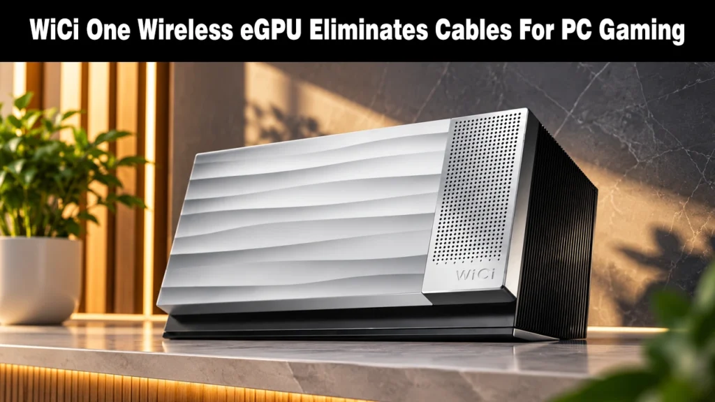 WiCi Says It Just Turned an RTX 5090 Into a GPU You Access Over Wi-Fi Sleek silver WiCi One external graphics card enclosure sitting on a countertop.
