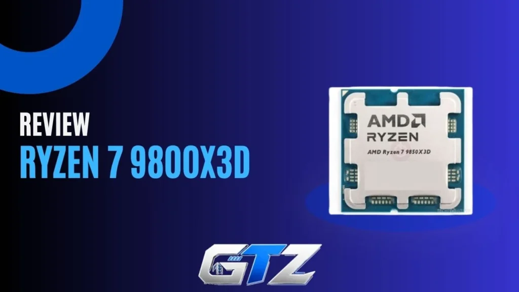 AMD Ryzen 7 9850X3D desktop processor box on a dark gaming PC background