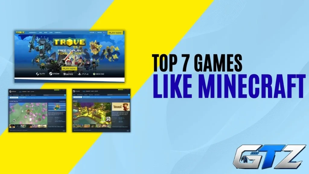 Banner showing a blocky sandbox gaming world with buildings, trees, and characters.