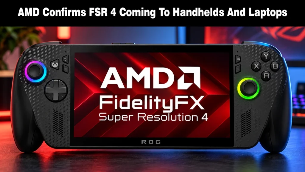 ASUS ROG Ally gaming handheld displaying the AMD FidelityFX Super Resolution 4 logo on its screen.