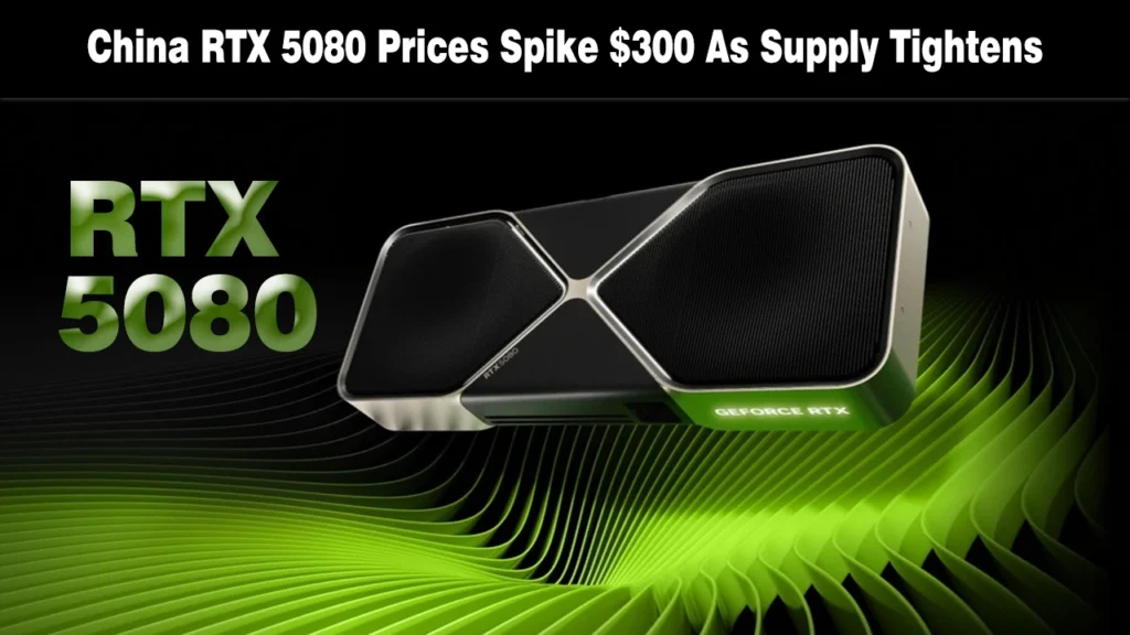 Why the RTX 5080 16GB Just Jumped $300 in China, While RTX 5070 Follows Nvidia GeForce RTX 5080 graphics card shown on a dark background with green wave patterns.