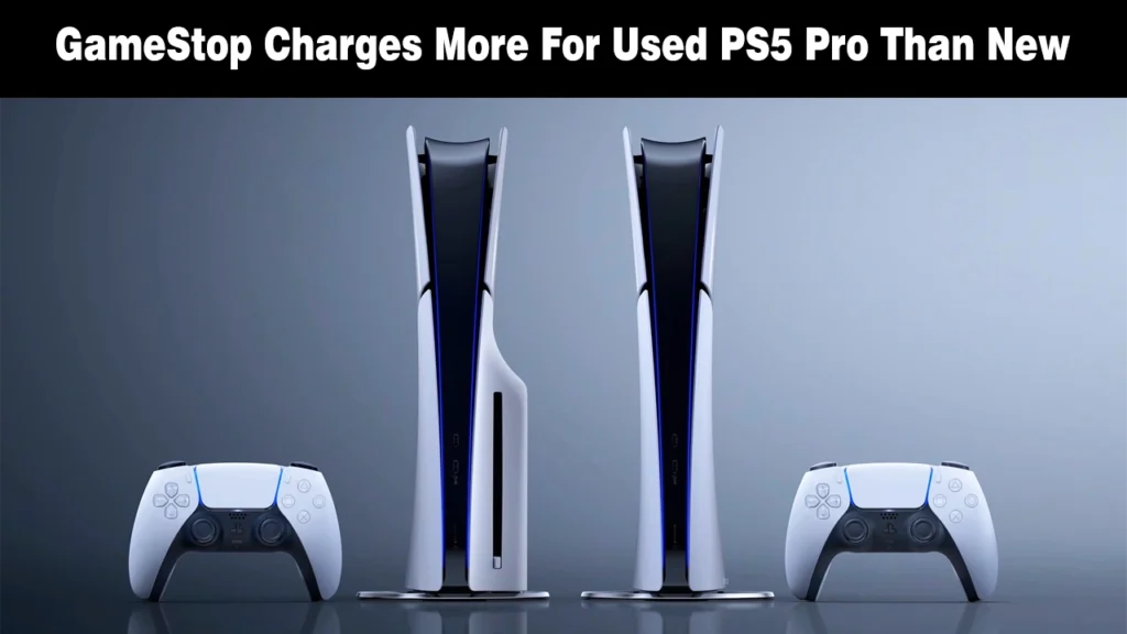 Two PlayStation 5 Pro consoles standing vertically next to white DualSense controllers.