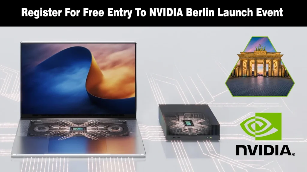 NVIDIA Offers Free Entry For Public RTX Spark Berlin Event Gaming laptop and compact desktop unit connected via circuit lines with Brandenburg Gate graphic and NVIDIA logo.