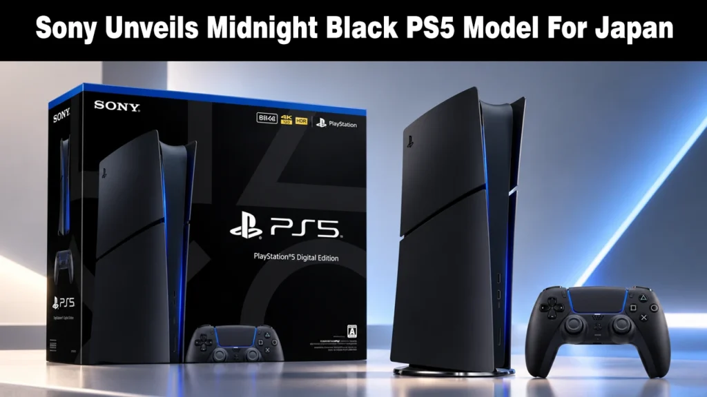 Sony’s All-Black PS5 Digital Edition Launches November 19, but Only in Japan Matte Midnight Black PS5 Digital Edition console standing next to a matching DualSense wireless controller and retail box packaging.