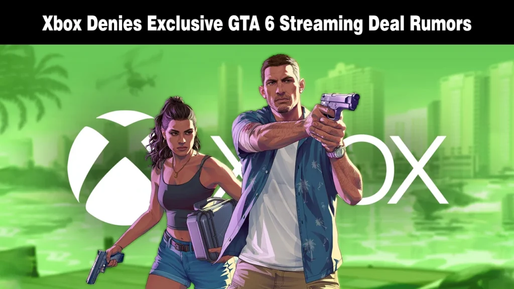 GTA 6 lead characters standing with handguns against a bright green Xbox logo backdrop.