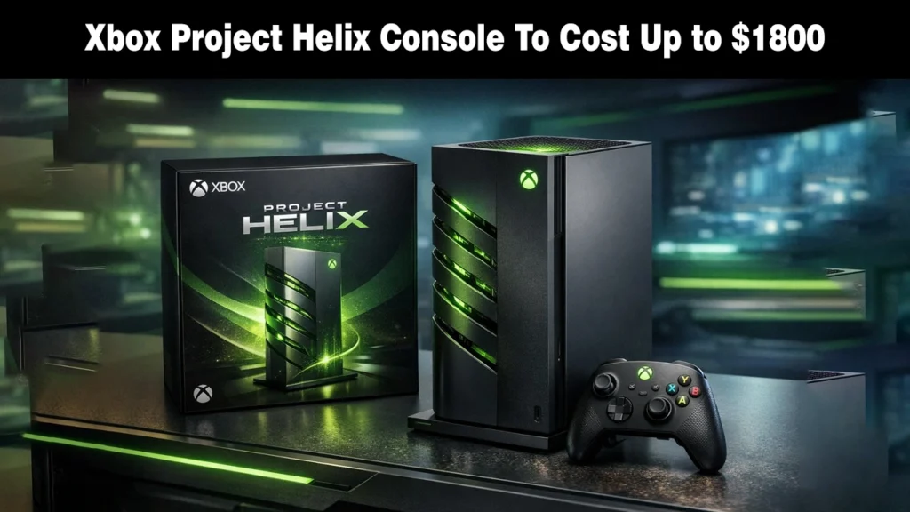 Next Xbox “Project Helix” Could Cost $1,800, Credits to AI Shortages Black Xbox Project Helix console displayed next to its retail box and a wireless controller with green LED lighting accents.