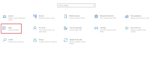 Apps Option in windows settings