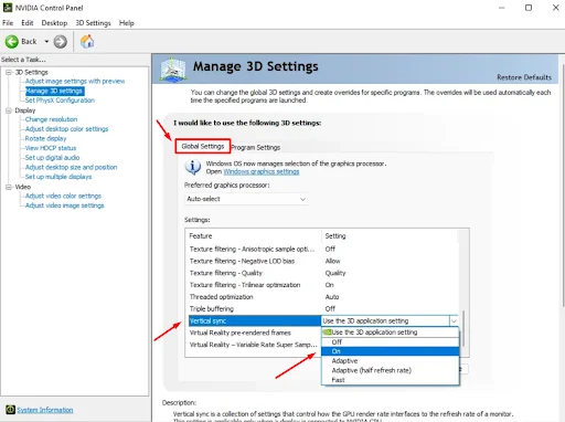 enabling vsync in global settings of 3d settings
