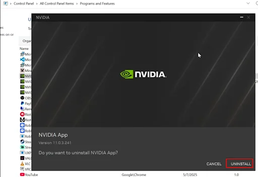 select and uninstall nvidia from apps